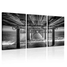 KREATIVE ARTS - UNDER THE PIER Premium Canvas Art Print Black and White Large...