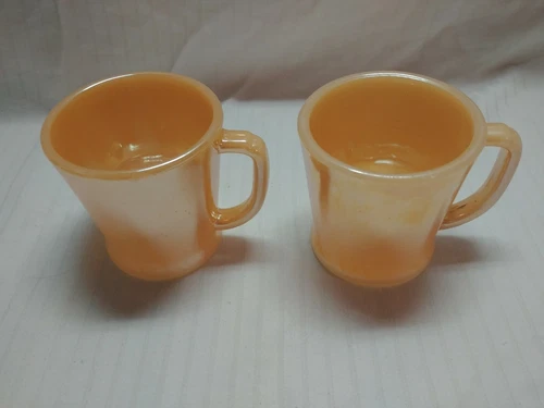 Lot of 2 Vintage Fire King Mugs Coffee Cups wth Peach Lustre D Handle Oven Ware