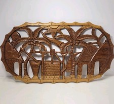 Vtg African Tribal Hand Carved 3D Wood Wall Art 20x11 Village Scene