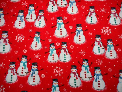 Christmas Fabric By Half-Yard Smiling Snowmen Snowflakes on Red Cotton #11A C - Picture 2 of 2