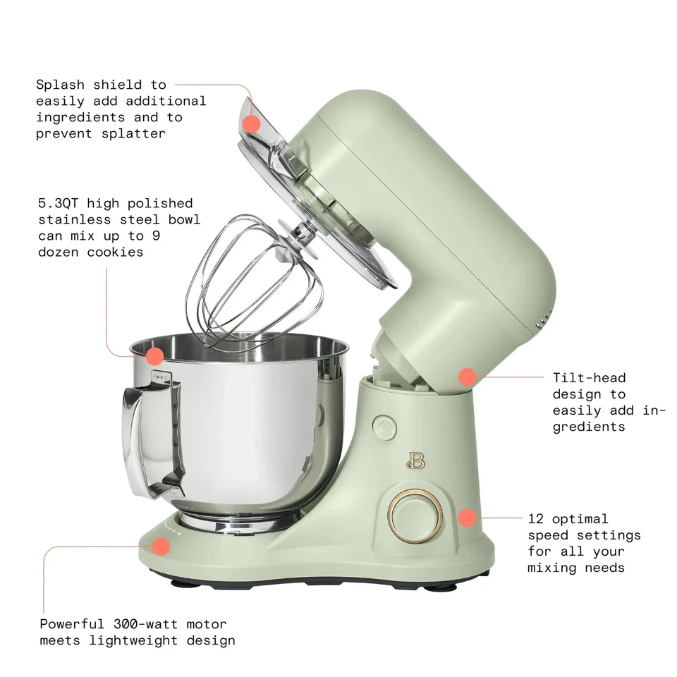 Stylish 5.3 QT Stand Mixer by Drew Barrymore w/ Stainless Steel Bowl, Sage Green - Image 3 of 4
