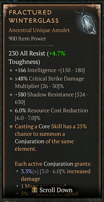   DIABLO 4 SEASON 13   Fractured Winterglass   Ancestral Unique Amulet 0-4 GA
