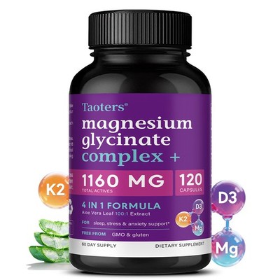 Magnesium Glycinate Complex-4-in-1 with D3,K2&Aloe Vera Stress Support 30~120Cap