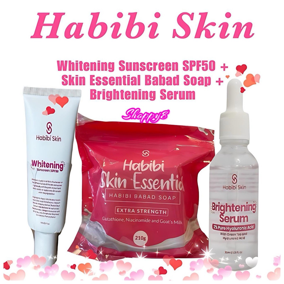 glutathione sunscreen benefits for skin brightness Habibi Skin Babad Soap + Whitening Sunscreen SPF50 + Brightening Serum