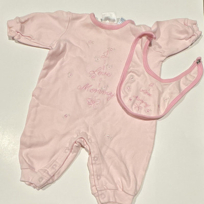 Vintage miniwear Classics 0-6 Months Pink Floral Coverall & Bib Set, 100% Cotton