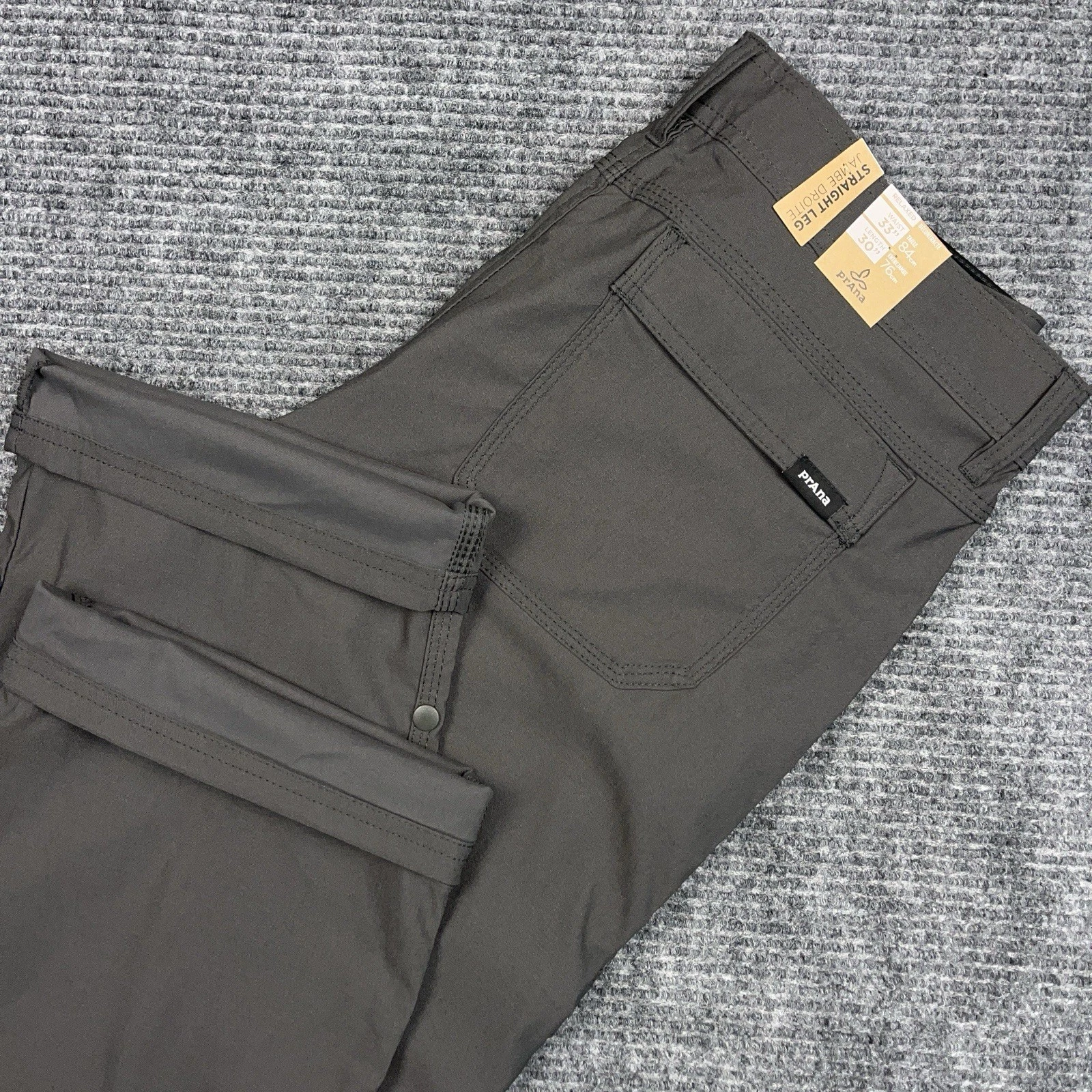 PrAna Stretch Zion Pant Gray Men's 33x30 straight Fit Hiking Cargo Roll UP NWT