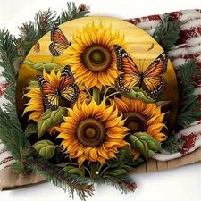1pc Round Aluminum Metal Wall Art - Sunflower & Monarch Butterfly Painting, Mode