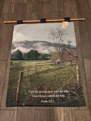 Manual Woodworkers & Weavers Tapestry 26x36 I Lift My Eyes USA Psalm 121 Verse