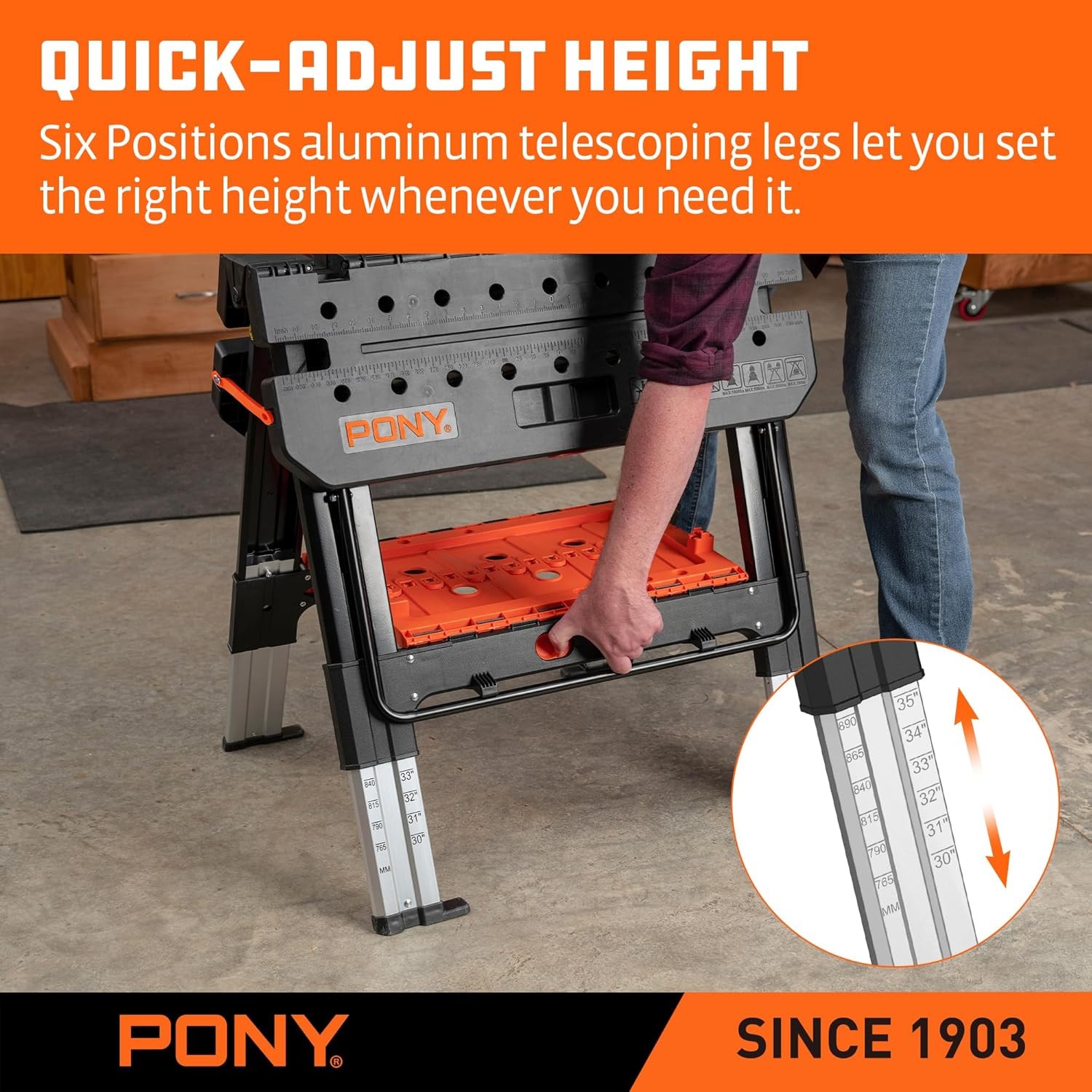 Pony Portable Folding Work Table, 2-in-1 as Sawhorse & Workbench, 31” W×25”