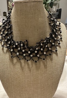 Miriam Haskell Necklace Black Clear Rhinestones Choker Bib Style Vtg MCM Old