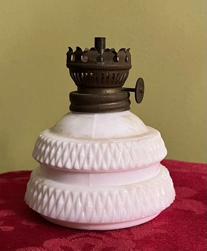 Vintage Miniature Diamond Pattern Milk Glass Oil Lamp Patio Lamp 3.75 Inches