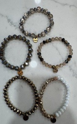 Stack Of 5 Ermish Bracelets Gray Clear White & Gold Tones EUC Stylish 