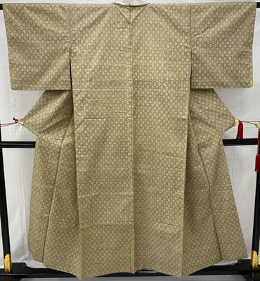 Japanese Vintage Kimono Silk Beige Tsumugi Traditional Authentic Length 59in