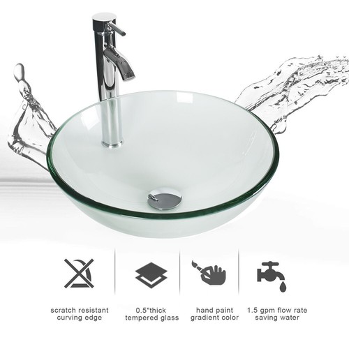 16.5" Bathroom Clear Tempered Glass Vessel Sink Chrome Faucet Drain Round Bowl - Picture 2 of 6