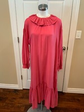 DOEN Pink Silk 3/4 Sleeve Long Dress w/ Ruffle Collar, Size L