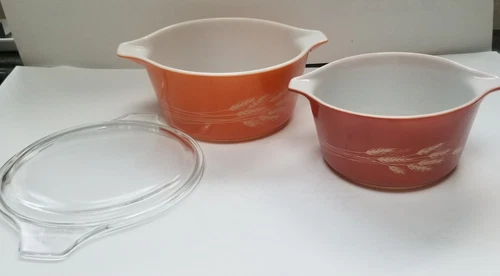 2 Vintage Pyrex Milk Glass Cinderella Nesting Bowls Autumn Harvest Wheat w/ Top