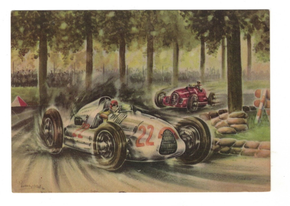 Racing cars - Auto Union Nuvolari  1938 (No.22) -   Watercolour by P. Olyslager