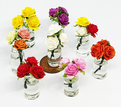Puppenstube Papierrosen in einer Glasvase handgefertigt Maßstab 1:12 Blumen ML tumdee
