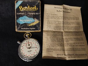 VINTAGE 7JEWELS HANHART OLYMPIA 1960 STOP WATCH ORIGINAL BOX  & INSTRUCTIONS