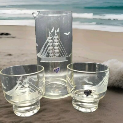 Vtg Sailing Clipper Ship Etched Crystal Pitcher and Glasses Javit Hand Cut Japan