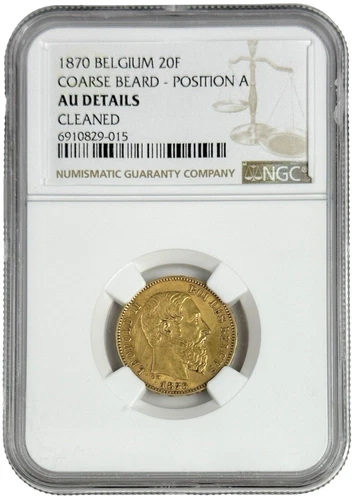 1870 Belgium 20 Francs Coarse Beard Gold 0.1867 oz Coin Pos. A NGC AU Details