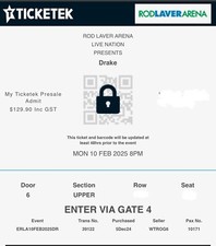 1 x Reserved Drake Ticket Melbourne (Monday 10/2)