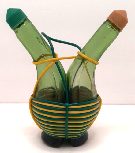 Italian Green Glass Oil Vinegar Cruet Entwined Green & Yellow Vintage 1960s