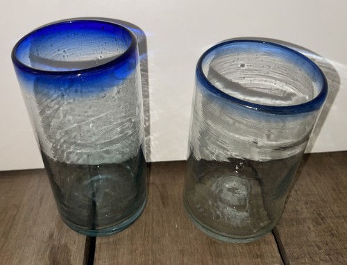 Hand Blown Mexican Drinking Glasses – Set of 2 Glasses with Cobalt Blue Rims... - Picture 3 of 4