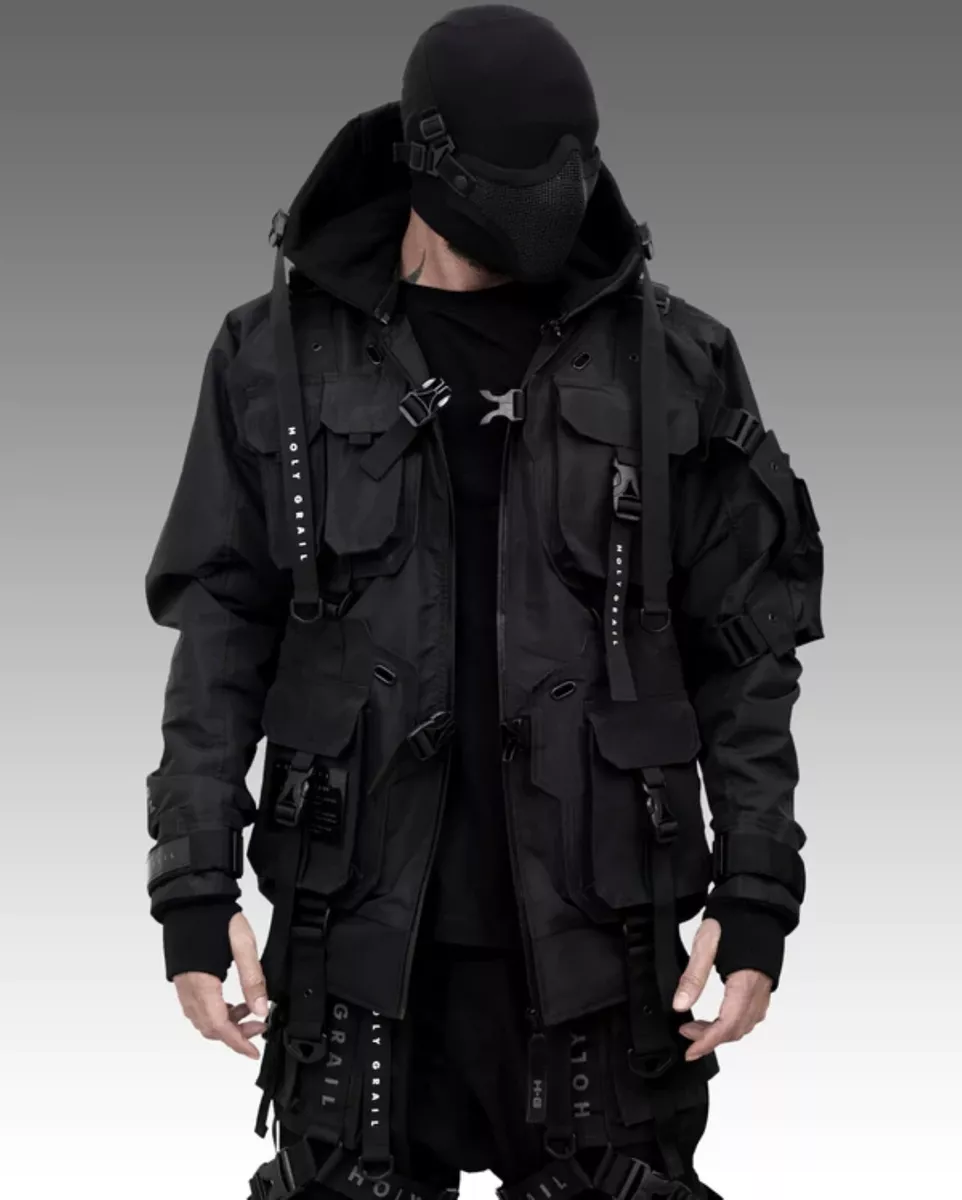 Men s Techwear Black Jacket Hoodie Full Zip Buckle H G B.O.M.B 04 BLCK