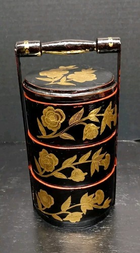 Antique Chinese 3 Tiered Black Lacquered Gold Floral Wedding Basket Box Wooden