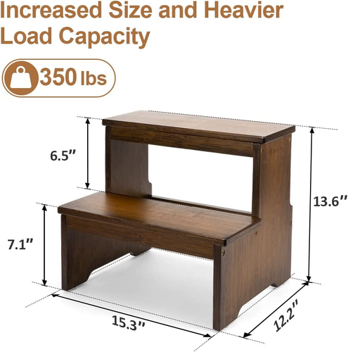 Bamboo Two Step Stool for Adults and Kids, Bed Stepstool with Anti-Slip Bottom, - Picture 2 of 12