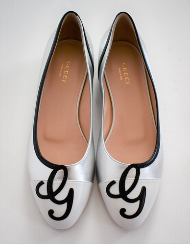 🆕️ GUCCI Silber Weiß Nappaleder BALLERINAS Flats mit G Applikation EUR-38 US-8 - Bild 3 von 12