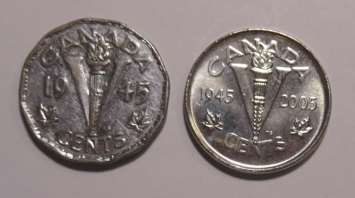 1945, 2005 Canada 5 cents coins, Canadian nickel Coin, victory