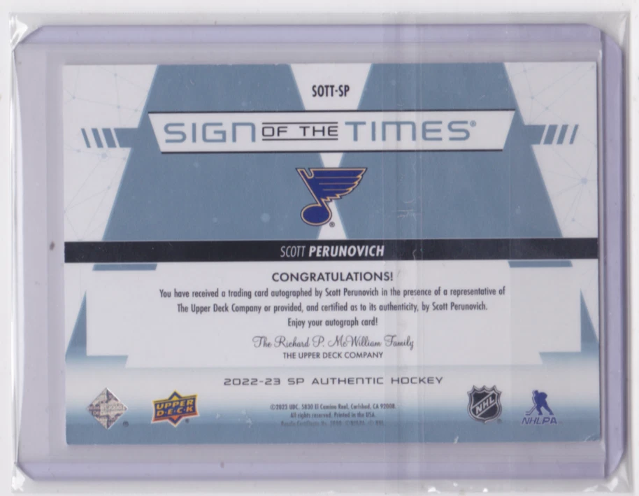 2022-23 UD SP AUTHENTIC SIGN OF THE TIMES INSERT SCOTT PERUNOVICH #SOTT-SP BLUES - Image 2 of 2