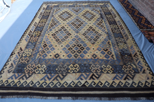 7x9 Vintage Afghan Kilim Area Rug - Tribal Geometric Wool Flatweave - Blue Beige