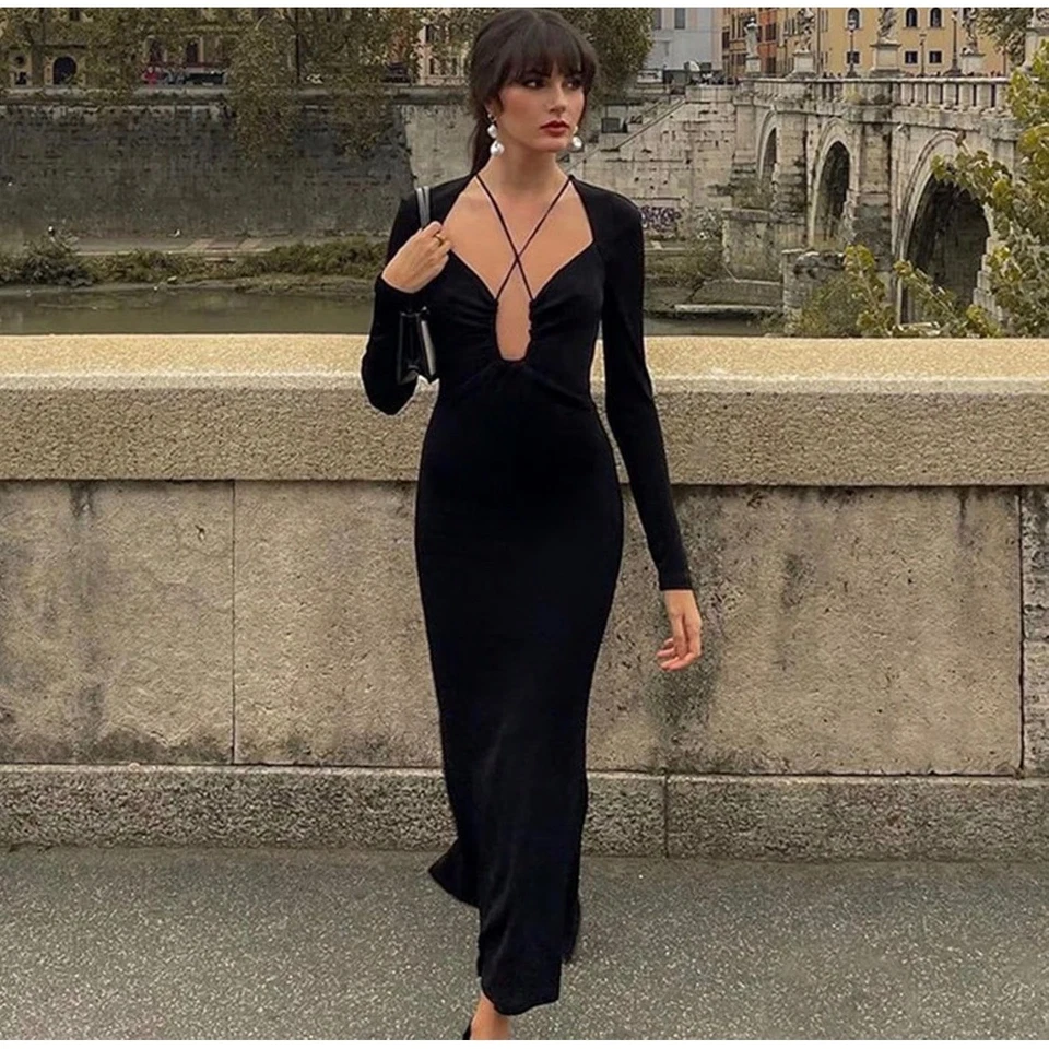 Vestido midi cruzado JASON WU negro manga larga profundo cuello en V recortado XS Foto 3 de 3