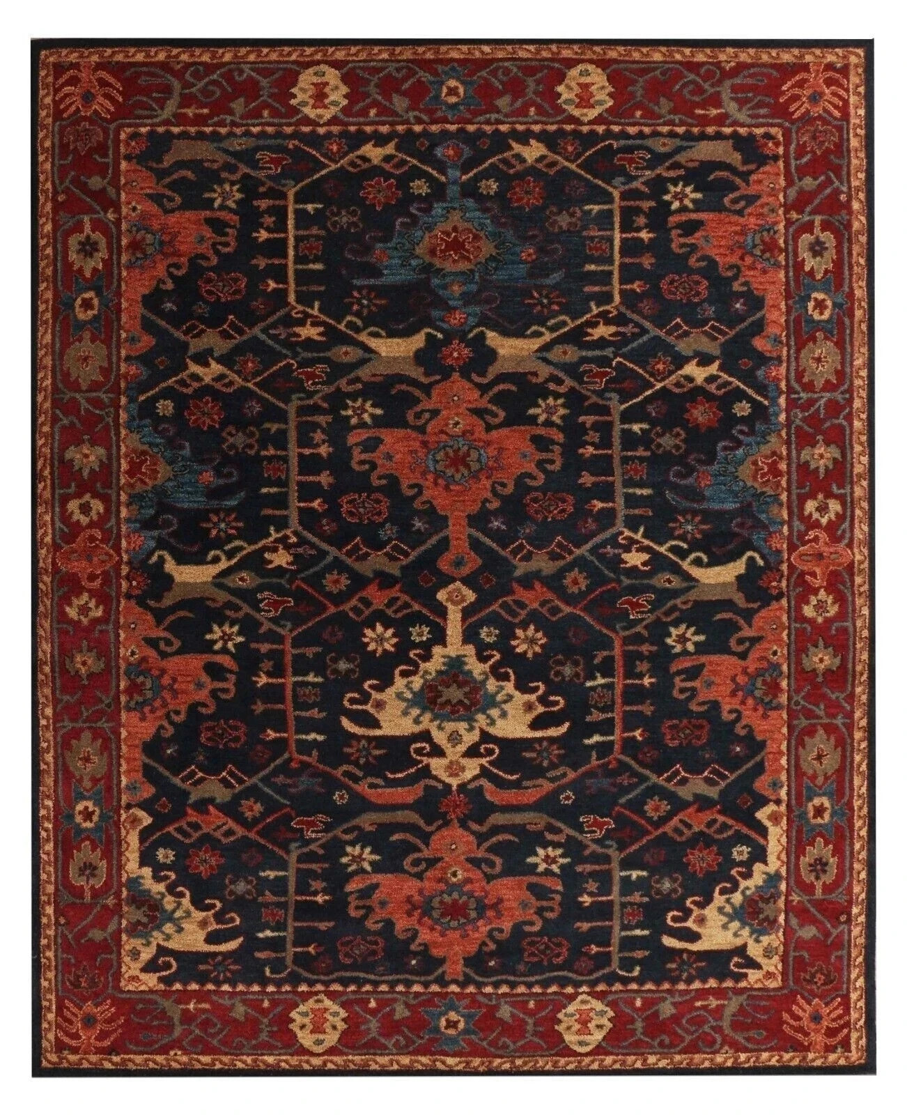 Hand-Tufted Rust Red Floral Wool Area Rug Traditional Handmade Carpet for Living