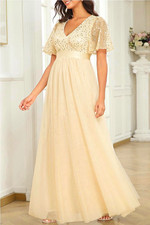 Gold Sequin Chiffon V-Neck Short Sleeve Floor-Length Bridesmaid Dress S