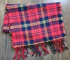 Vintage Tartan Plaid Scarf Fringe Red Blue Yellow 13" x 72"