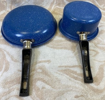 Lot Of 2 - Blue Speckled Steel Lightweight Pans / Pots / Skillet Camping Outdoor