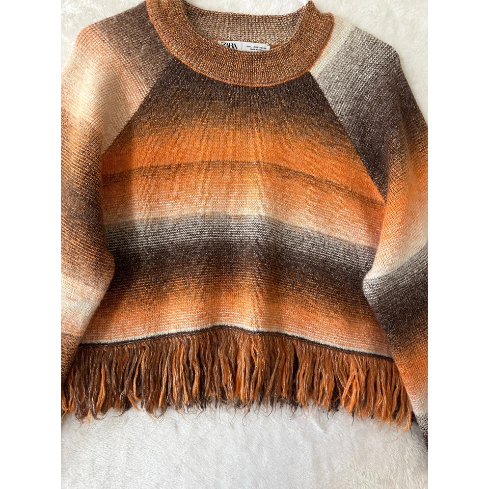 Свитер Zara с бахромой укороченный в полоску богемный трикотаж - Изображение 2 из 4