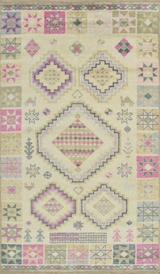 Moroccan Rug 6'4'' x 10'11'' Ivory Wool Tribal Geometric Hand-Knotted Carpet