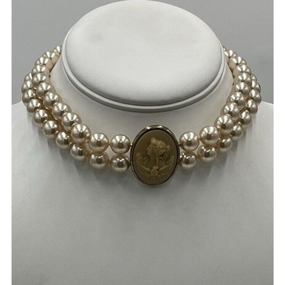 Extasia Signed Vintage Cream Faux Pearl Two Strand Yellow Shell Cameo Necklace