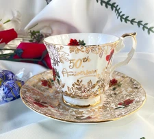 Vintage Elizabethan Bone China ENGLAND 50th Anniversary Tea Cup Saucer Set Gold