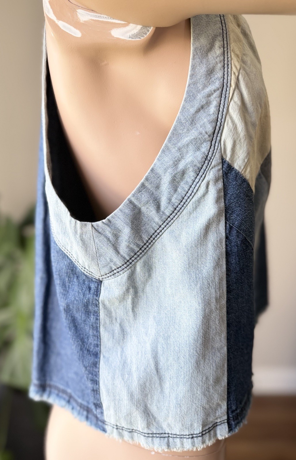 FP Beach Denim Quilt Pattern Halter Neck Cami Top S Small Raw Trim Western Rare image 4