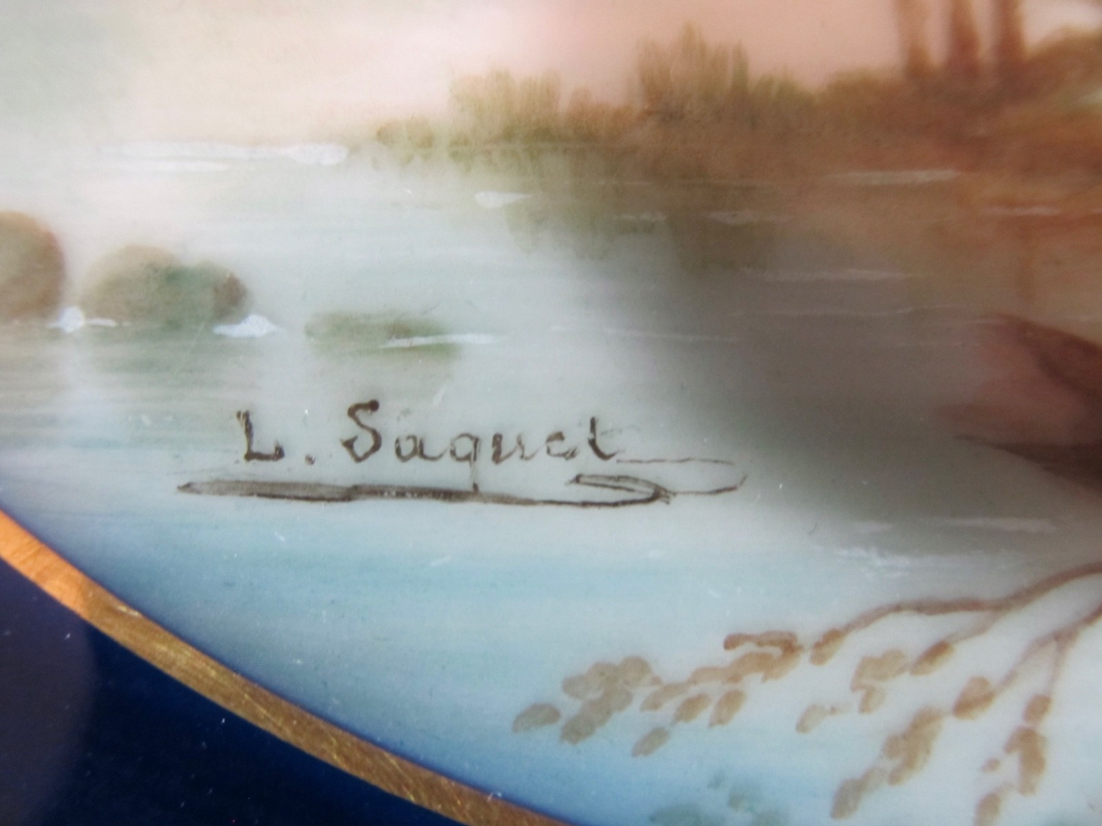 Antique Hand Painted Cobalt Blue Gold Encrusted Cabinet Plate Signed L. Saquet