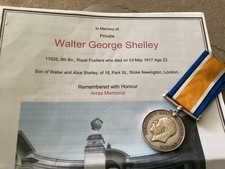 WW1 War Medal KIA Shelley 9th Royal Fusiliers Stoke Newington London