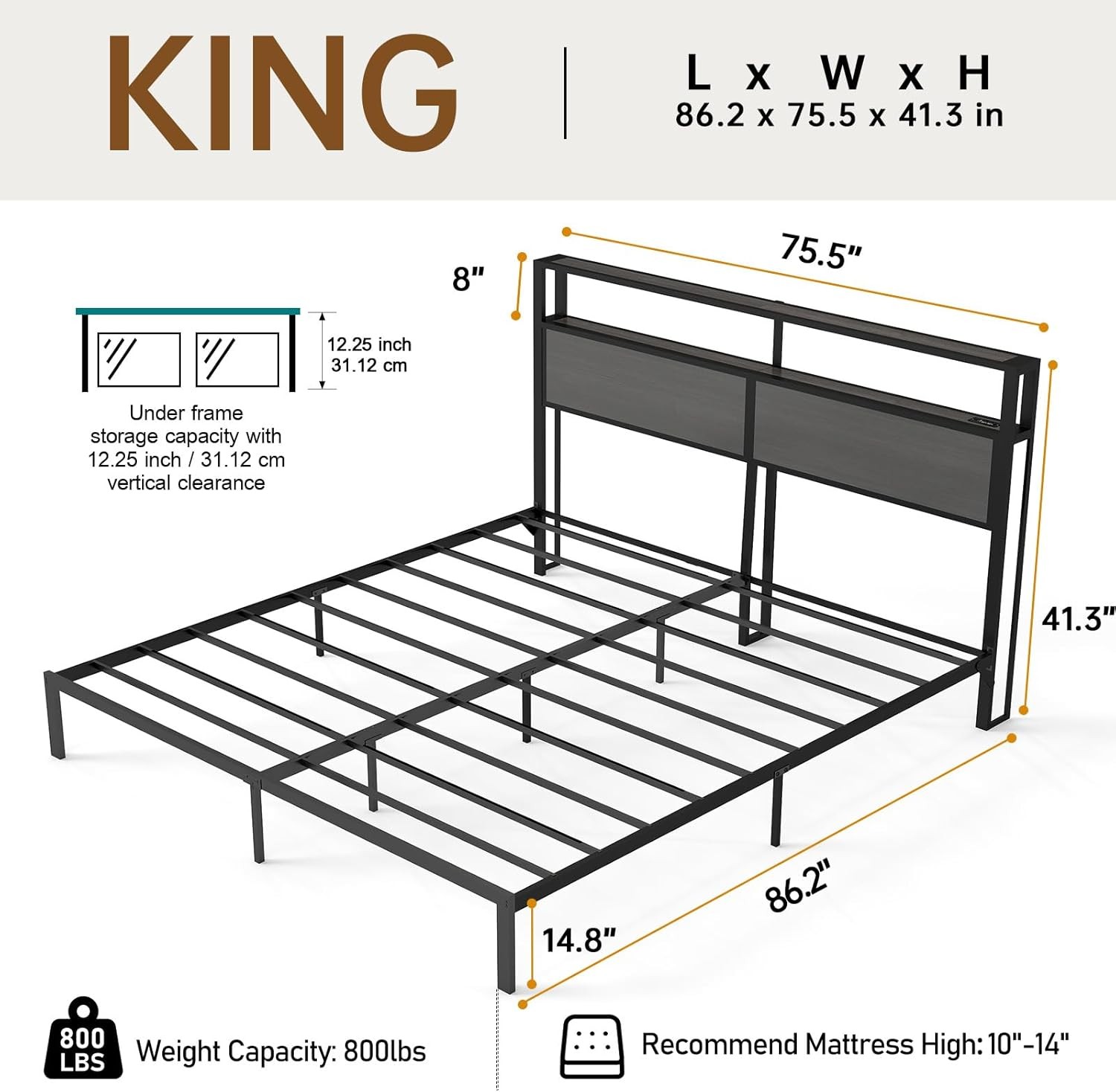 Bed Frame with Headboard, Metal Platform LED Lights & Charging Station