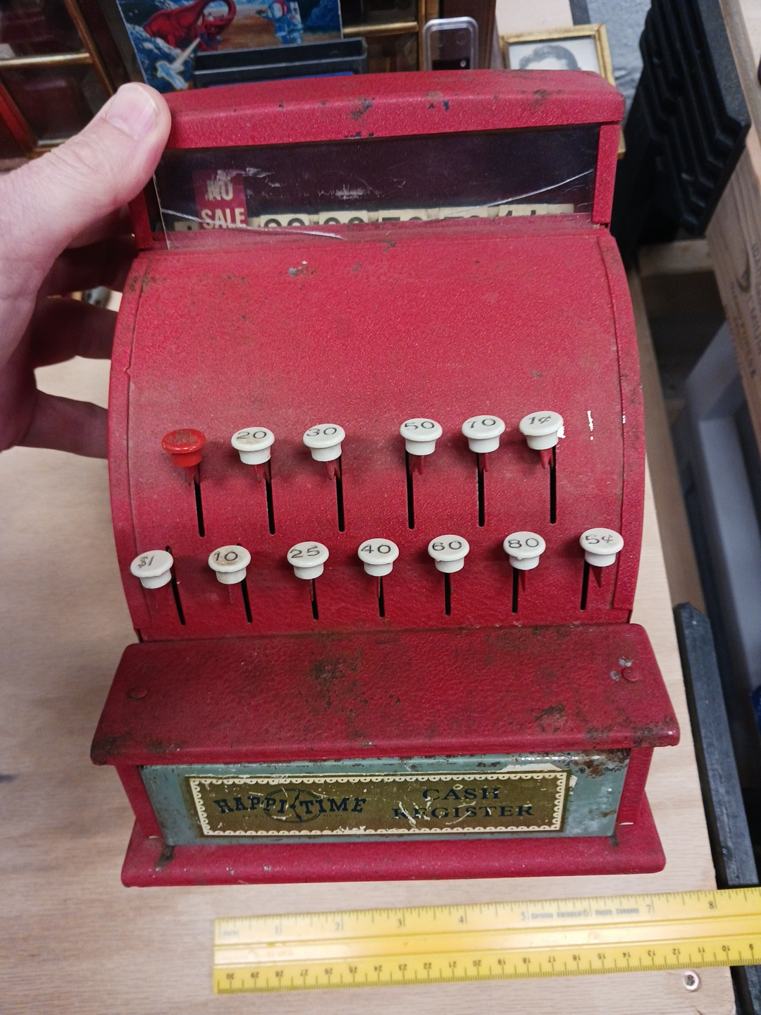 как выглядит Vintage Happi Time Red Cash Register Works Metal Toy USA 1950s Toy фото