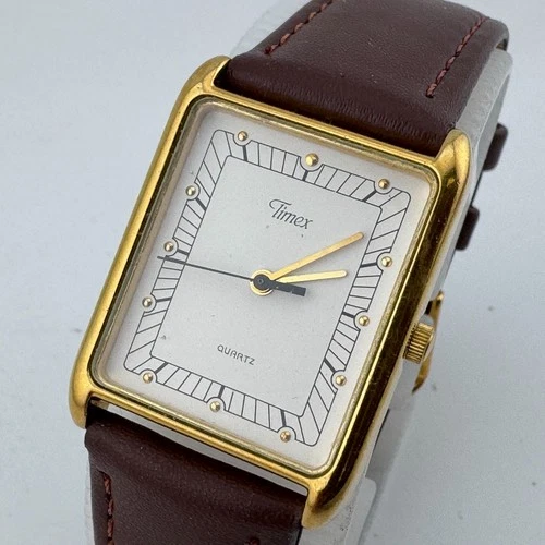 Vintage Timex Quartz Watch Unisex Gold Tone Rectangle Leather Analog New Battery